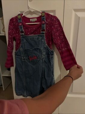 Barbie Pink Patterned Long-Sleeve Top with Denim Heart Overall Dress
